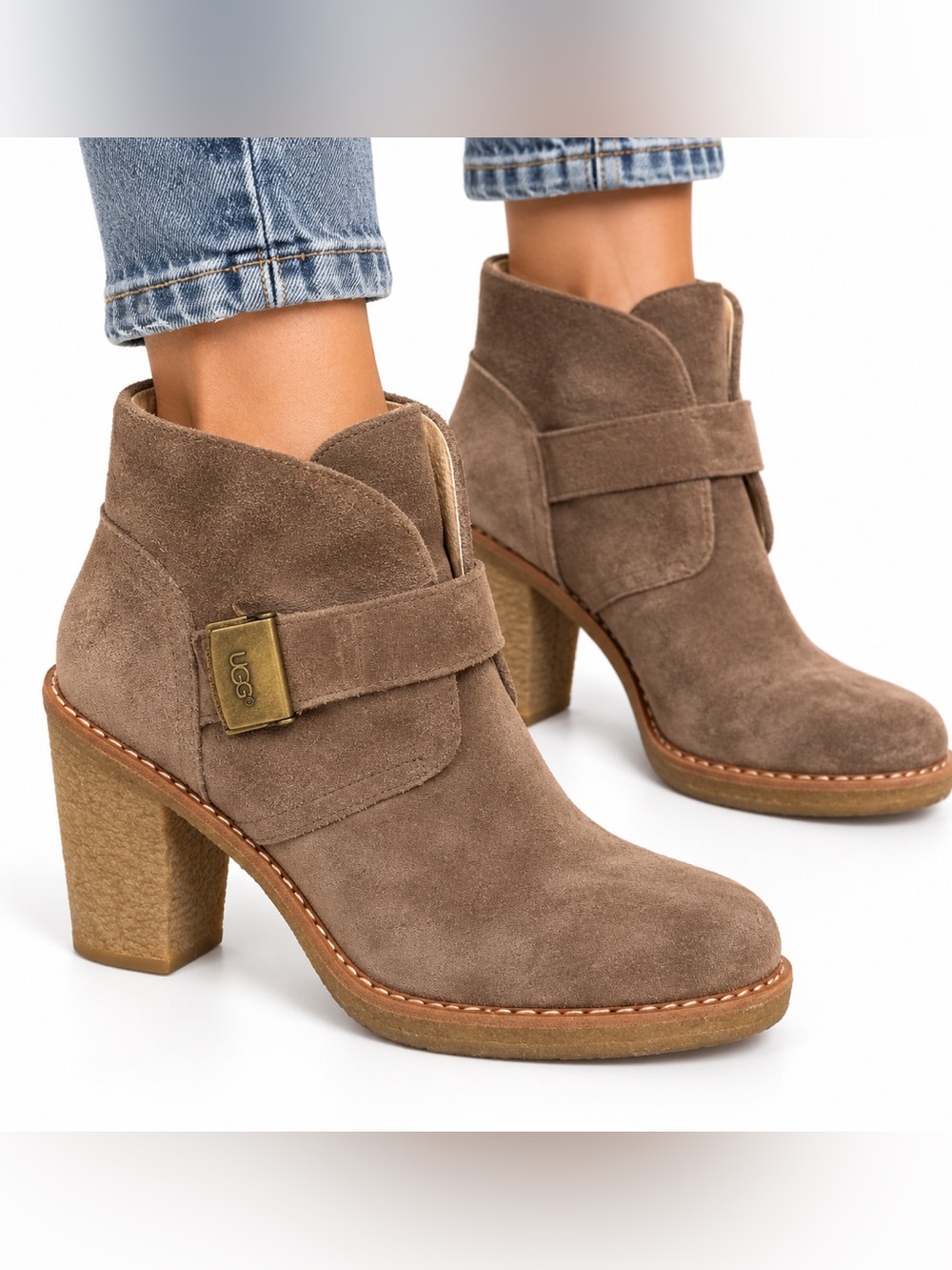 UGG Brienne 3212 Taupe Suede Buckle Block Heel Ankle Boots